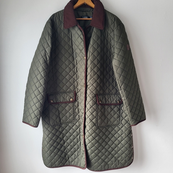 Ralph Lauren Olive Green With Brown Corduroy Long Quilted Jacket Size 2X - Picture 2 of 13